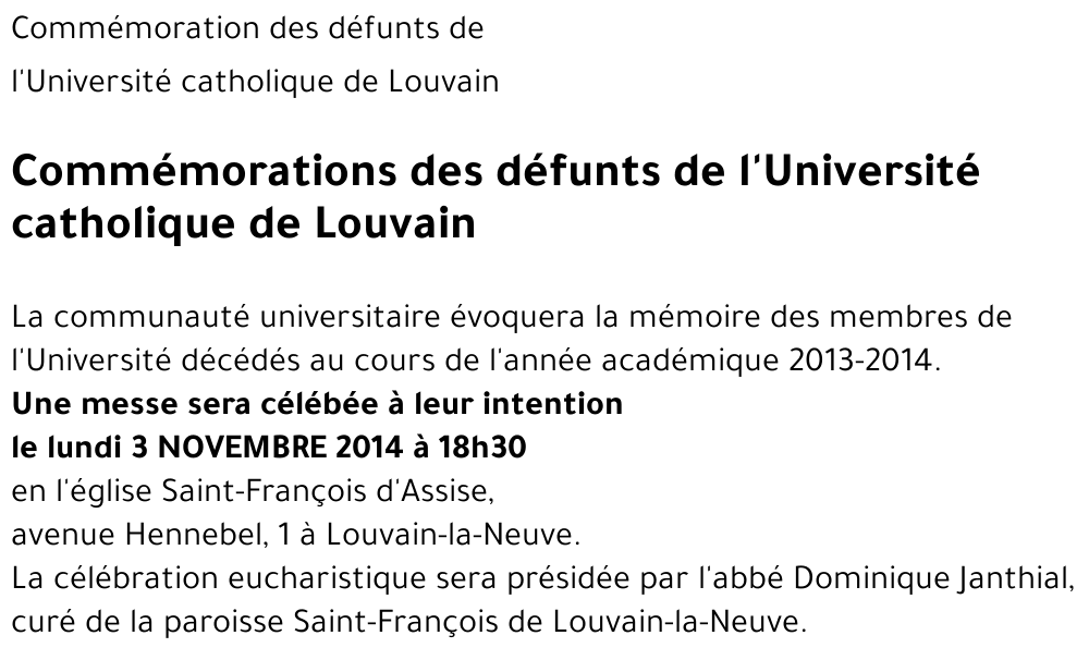 Commémorations des défunts de l'Université catholique de Louvain