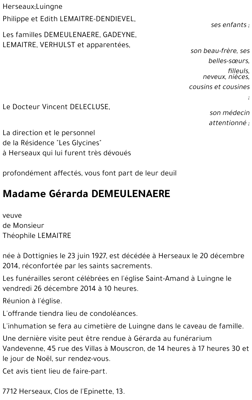 Gérarda DEMEULENAERE