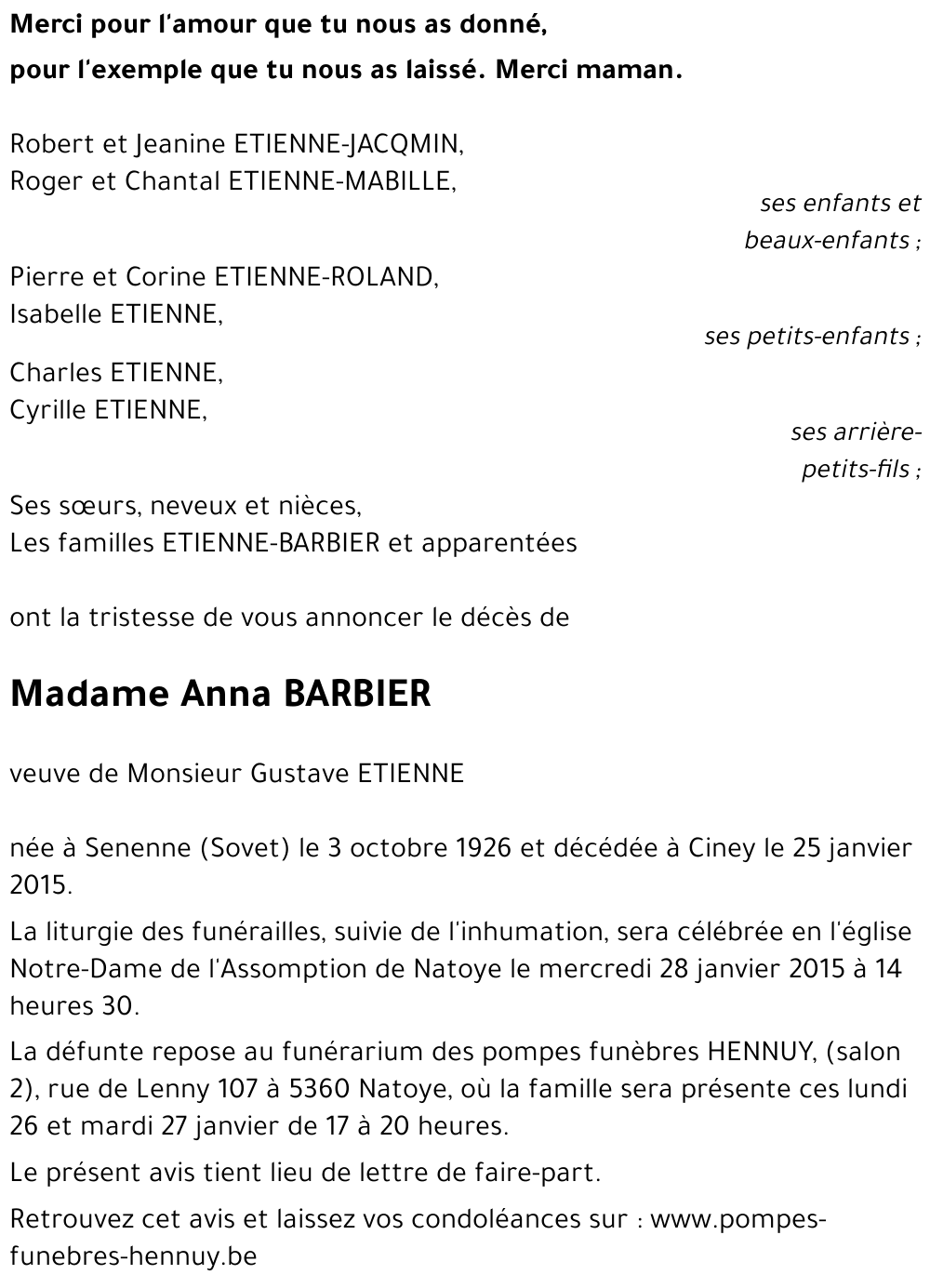 Avis de décès de Anna BARBIER décédé le 25/01/2015 à Ciney : annonce ...