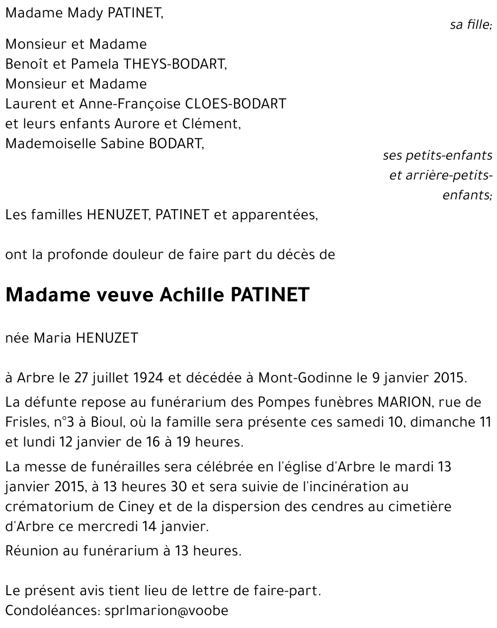 veuve Achille PATINET