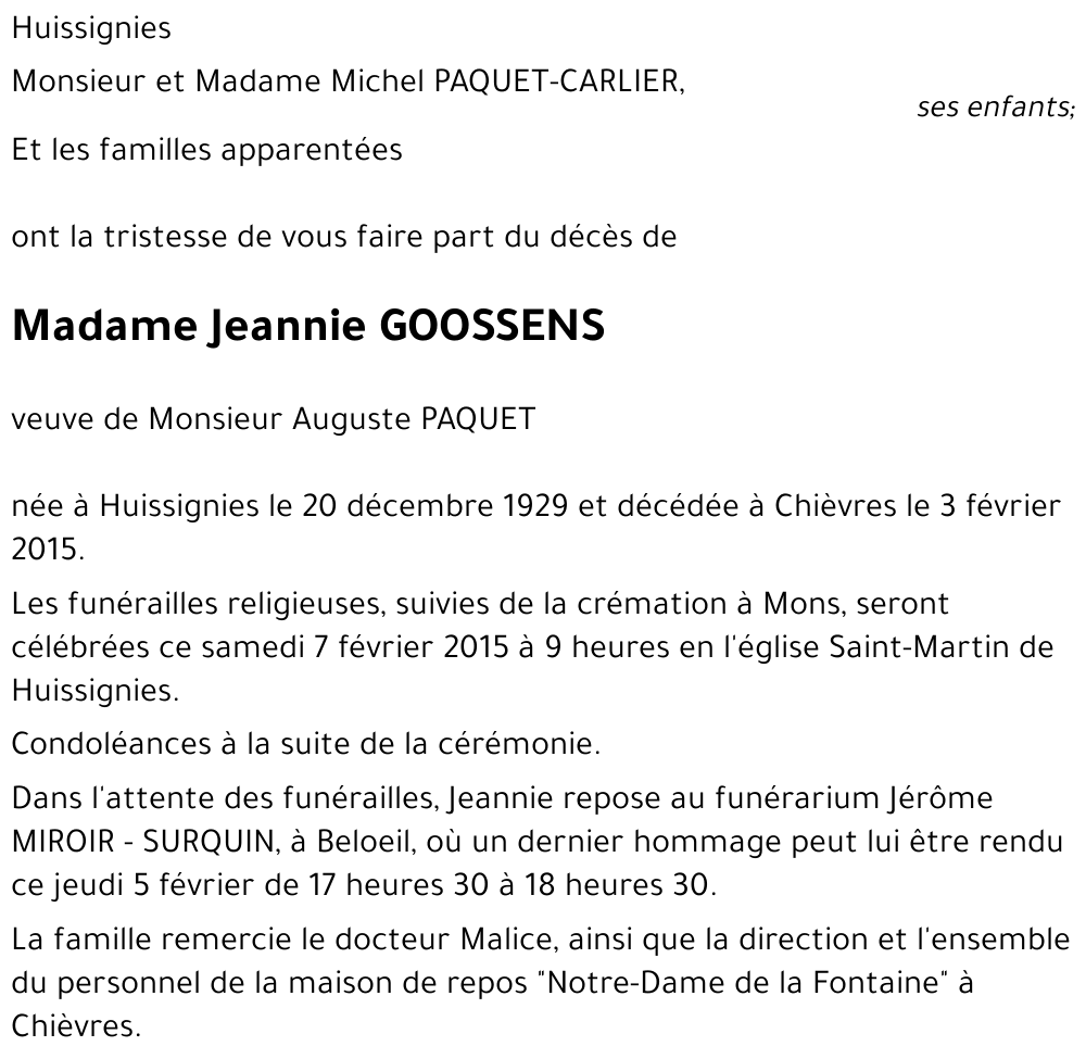 Avis de décès de Jeannie GOOSSENS décédé le 03/02/2015 à Chièvres ...