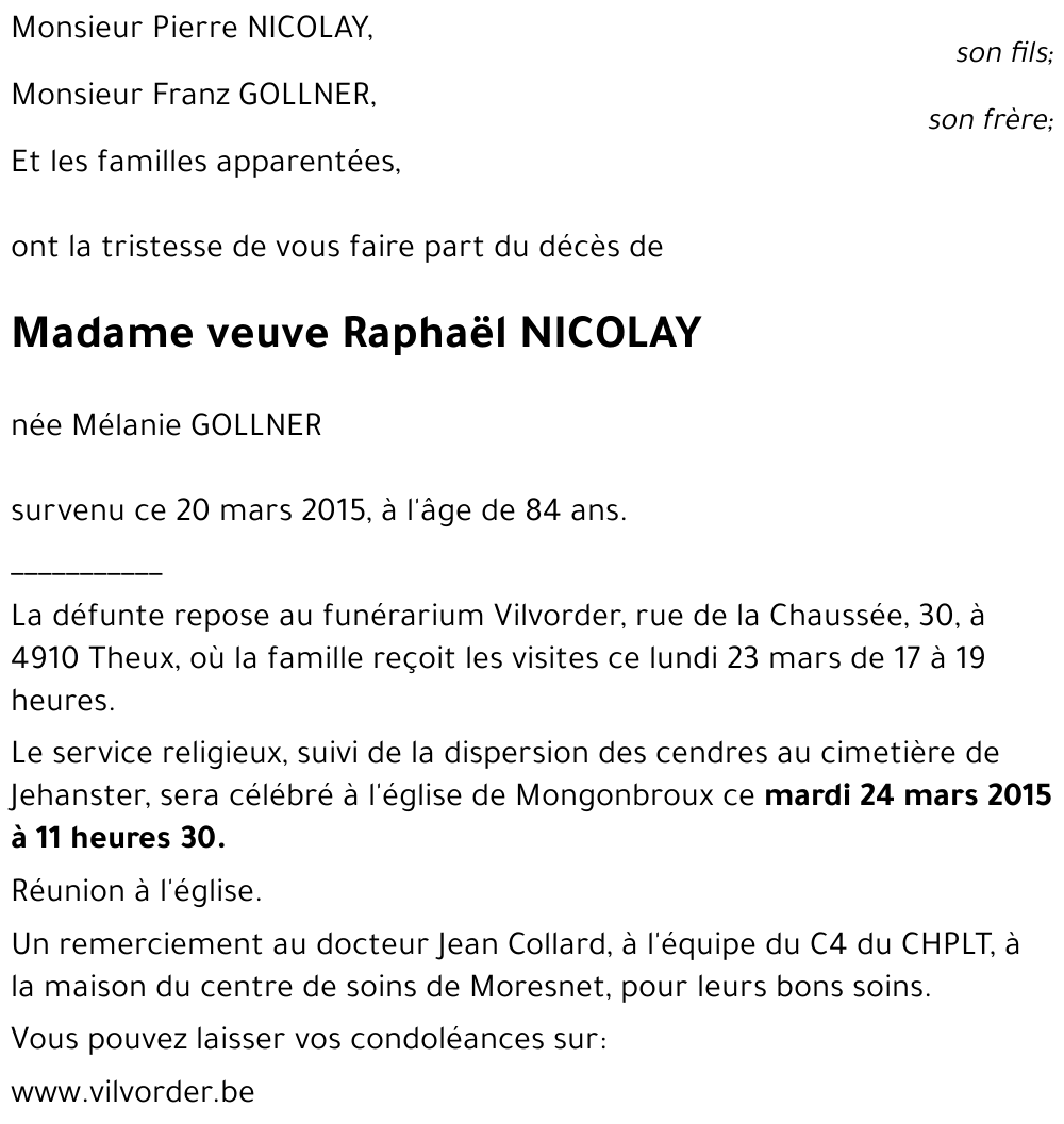 veuve Raphaël NICOLAY