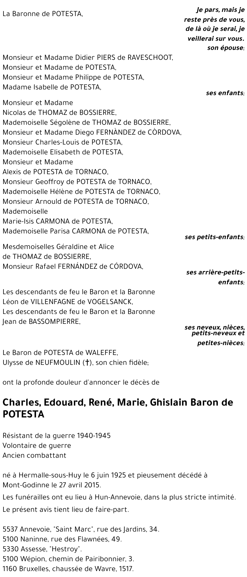 Charles, Edouard, René, Marie, Ghislain Baron de POTESTA