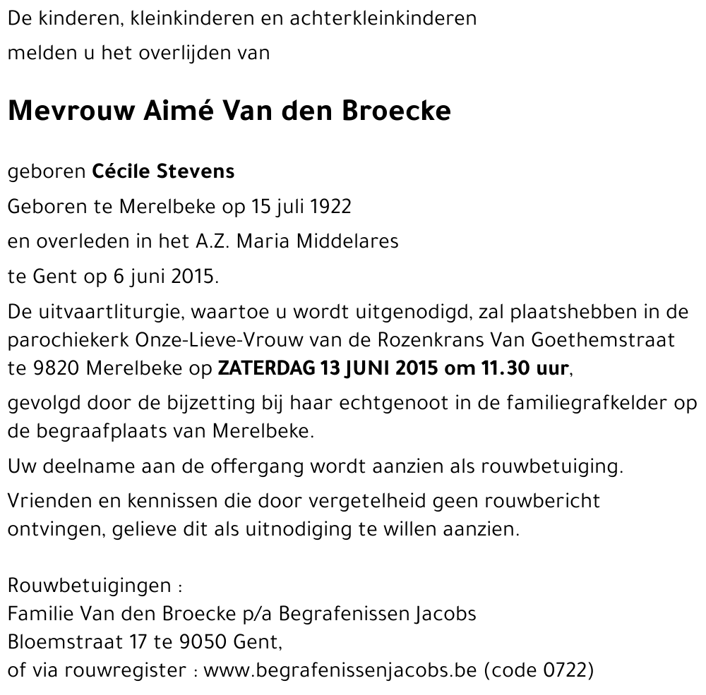 Aimé Van den Broecke geboren Cécile Stevens