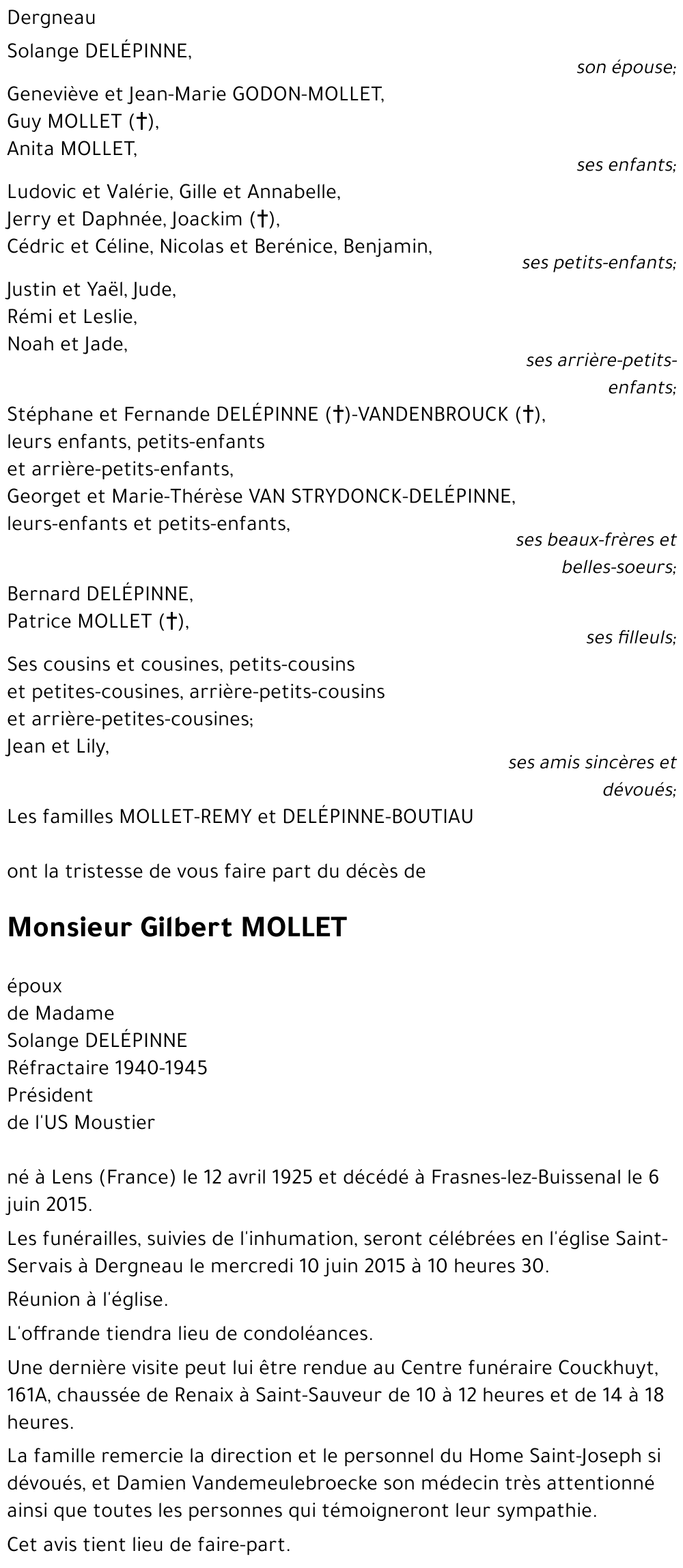 Avis de décès de Gilbert MOLLET décédé le 06/06/2015 à Frasnes-Lez ...