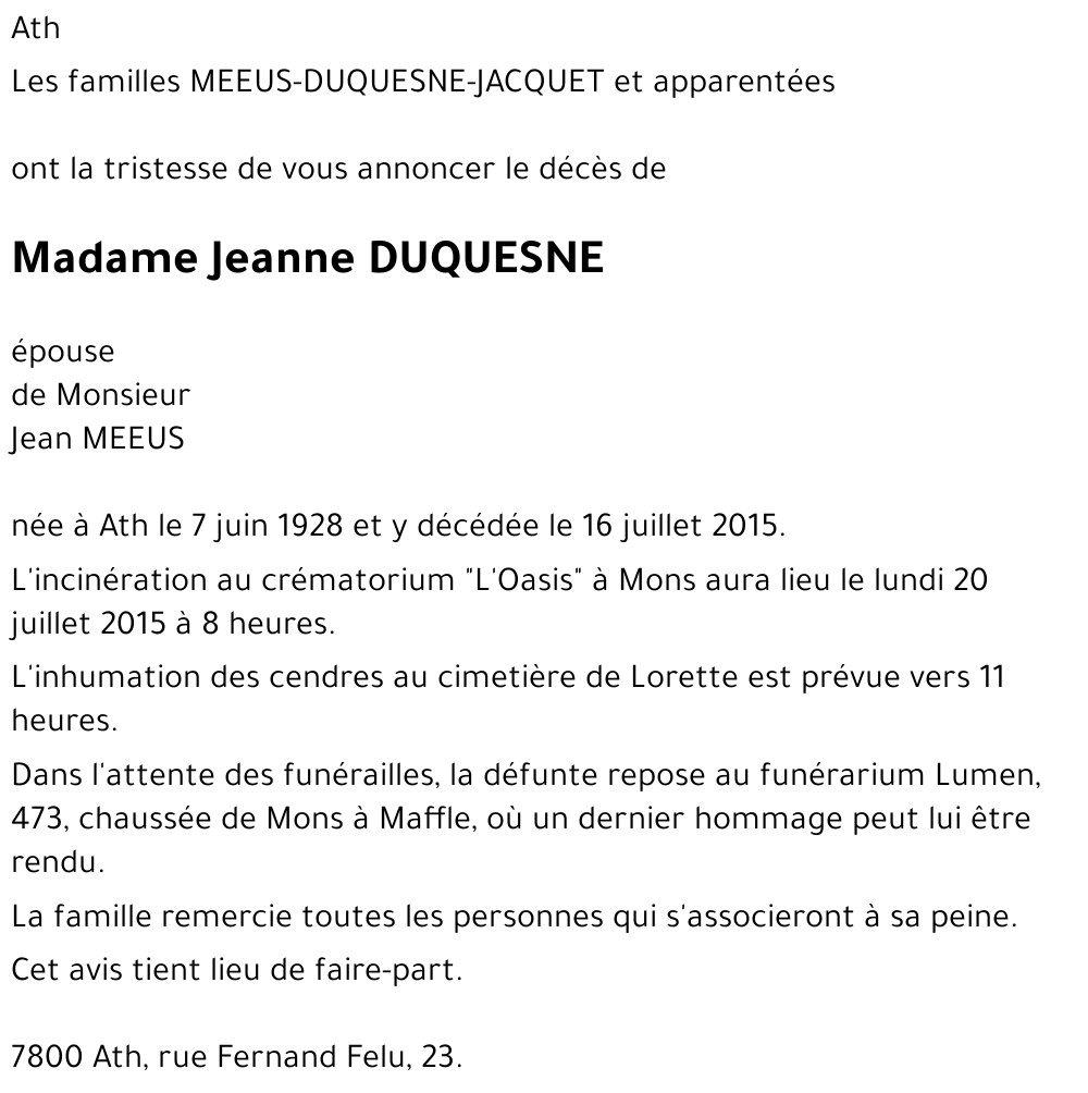 Jeanne DUQUESNE