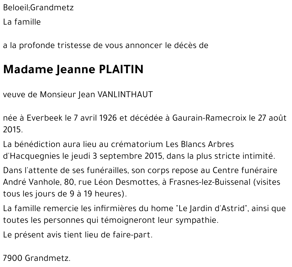 Jeanne PLAITIN