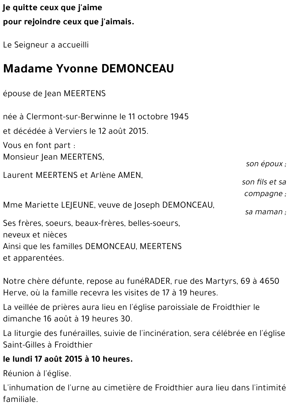 Yvonne DEMONCEAU