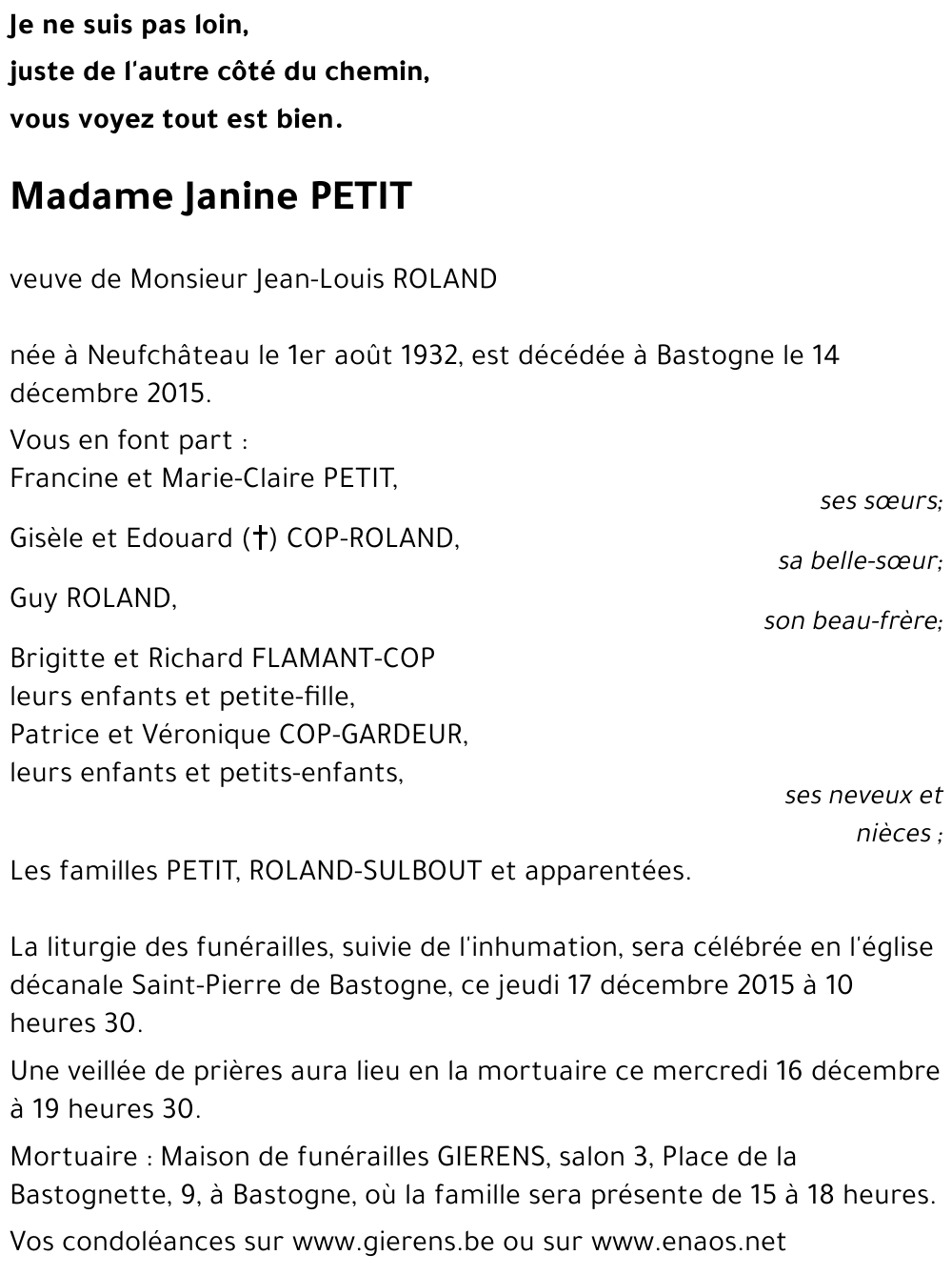 Avis de décès de Janine PETIT décédé le 14 12 2015 à Bastogne annonce