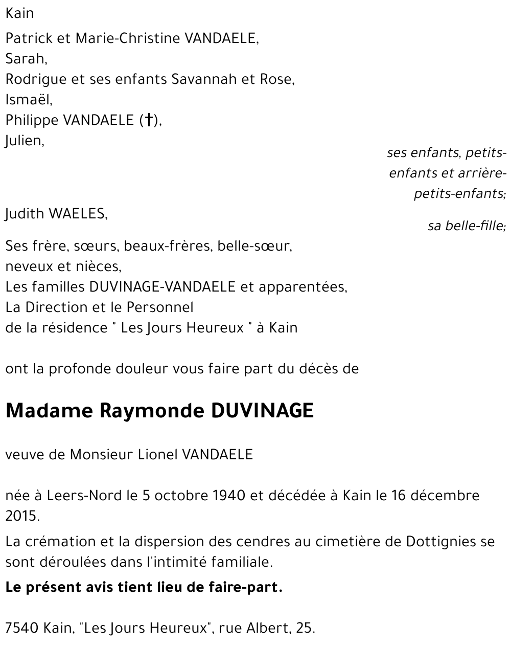 Raymonde DUVINAGE