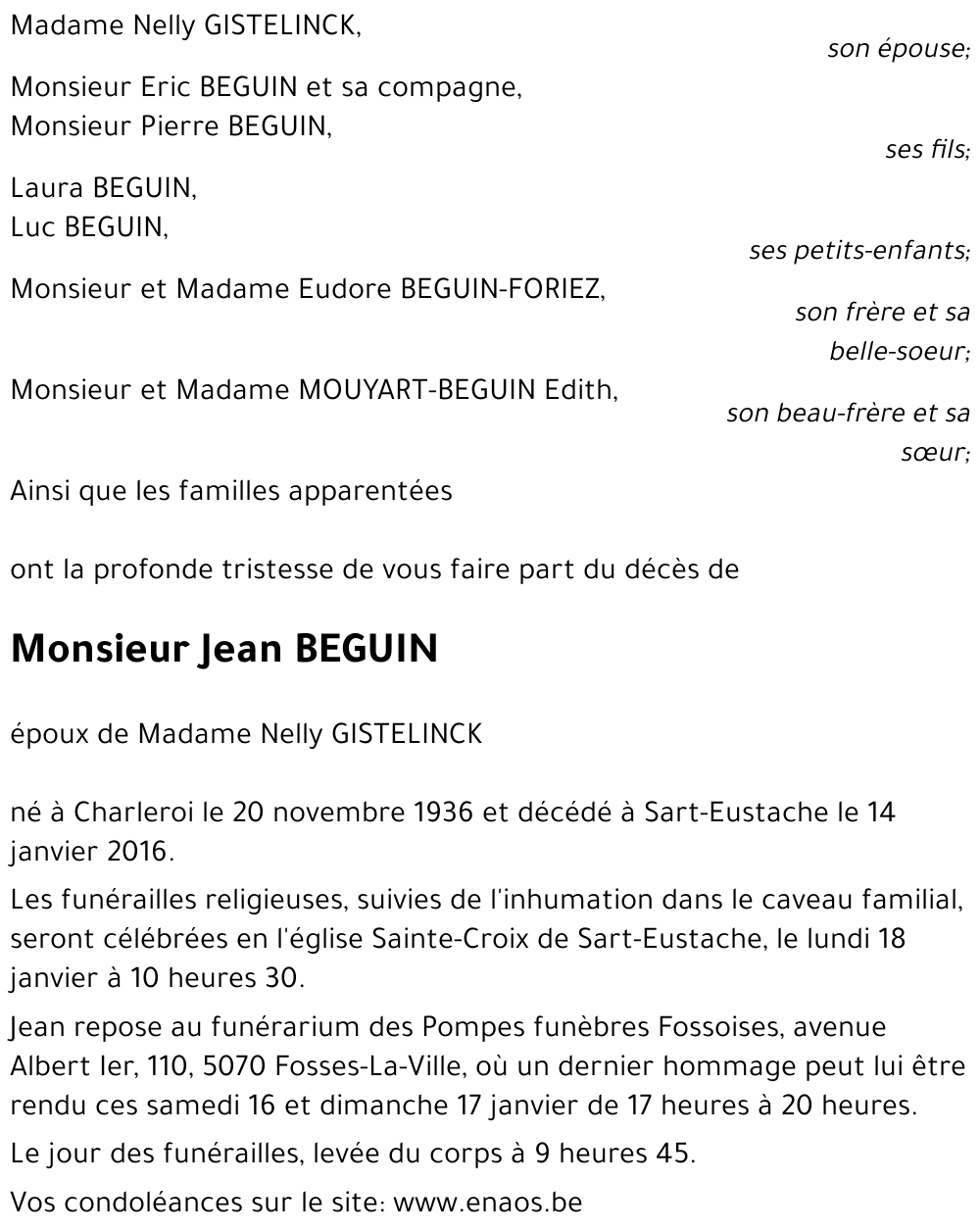 Avis de décès de Jean BEGUIN décédé le 14/01/2016 à Sart-Eustache ...