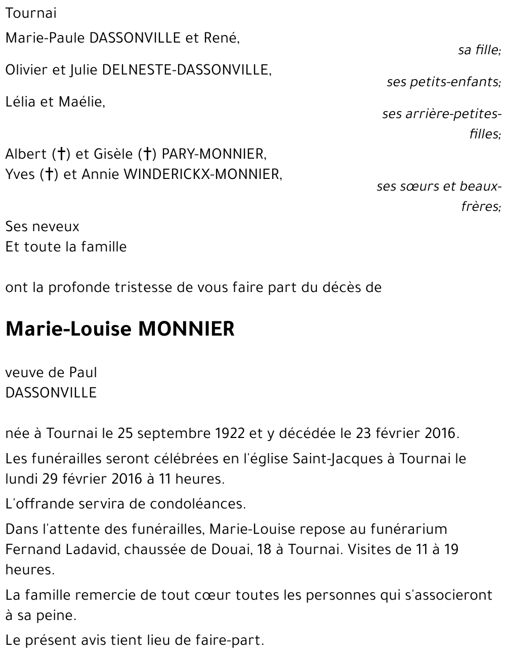 Avis de décès de Marie-Louise MONNIER décédé le 23/02/2016 à Tournai ...