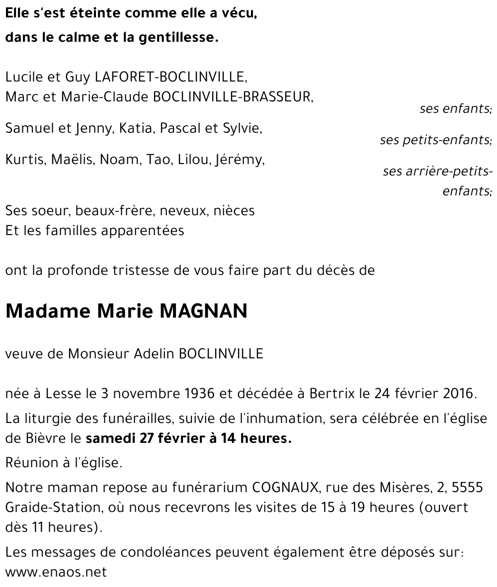 Avis de décès de Marie MAGNAN décédé le 24/02/2016 à Bertrix : annonce ...