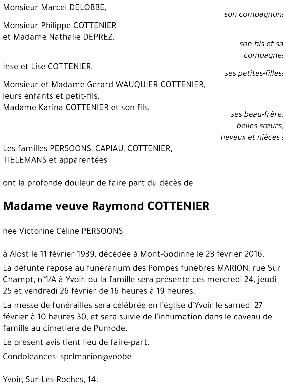 veuve Raymond COTTENIER