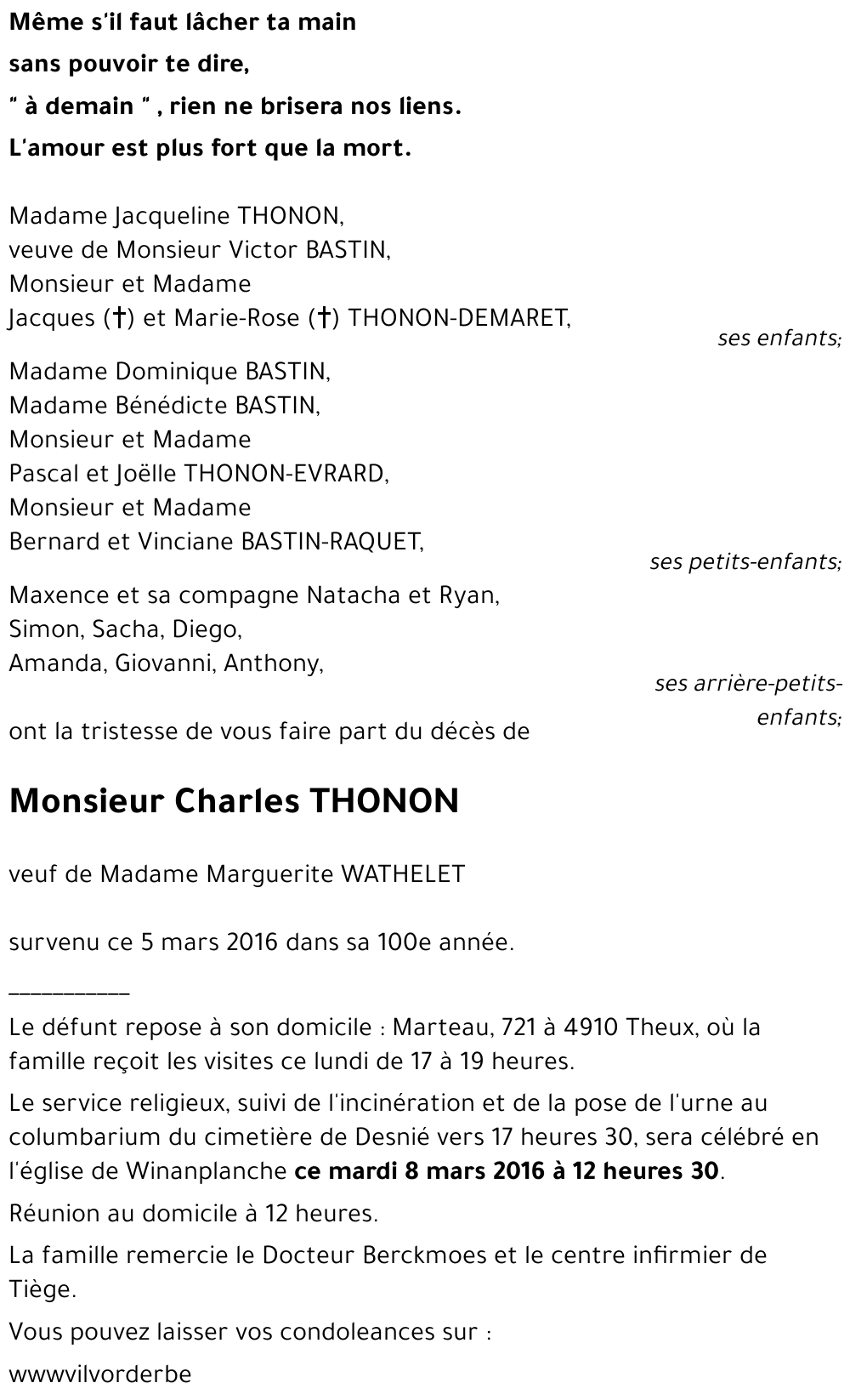 Avis de décès de Charles THONON décédé le 05/03/2016 à : annonce ...