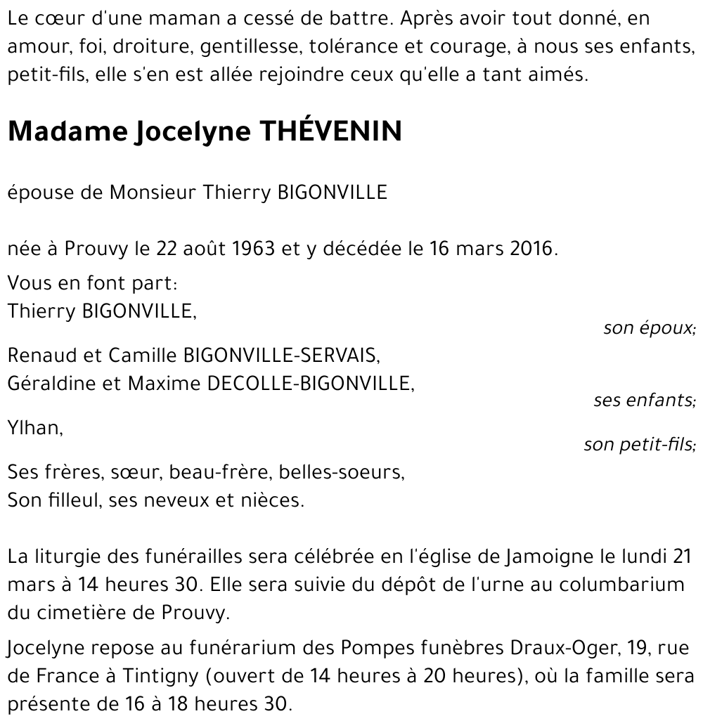 Avis de décès de Jocelyne Thévenin décédé le 16 03 2016 à annonce condoléances fleurs etc