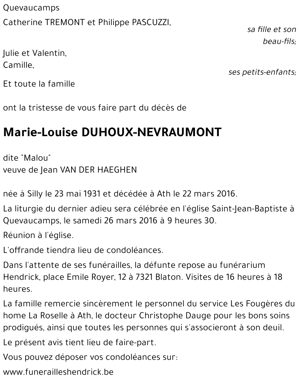 Marie-Louise DUHOUX-NEVRAUMONT