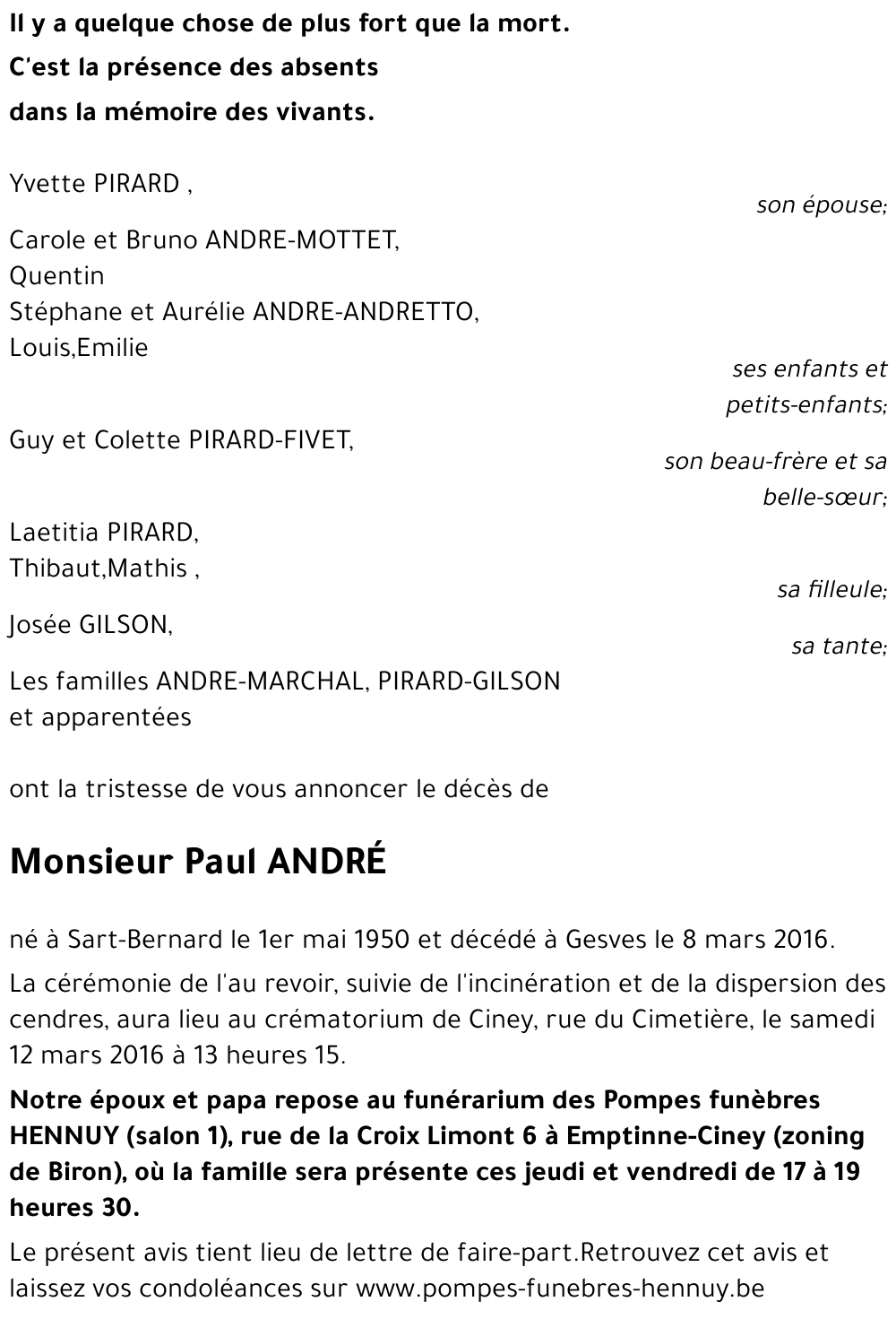 Avis de décès de Paul ANDRÉ décédé le 08/03/2016 à Gesves : annonce ...