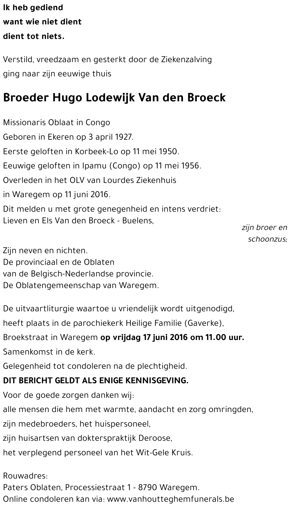 Broeder Hugo Lodewijk VAN DEN BROECK