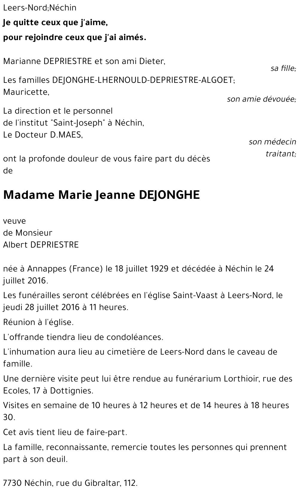 Marie Jeanne DEJONGHE