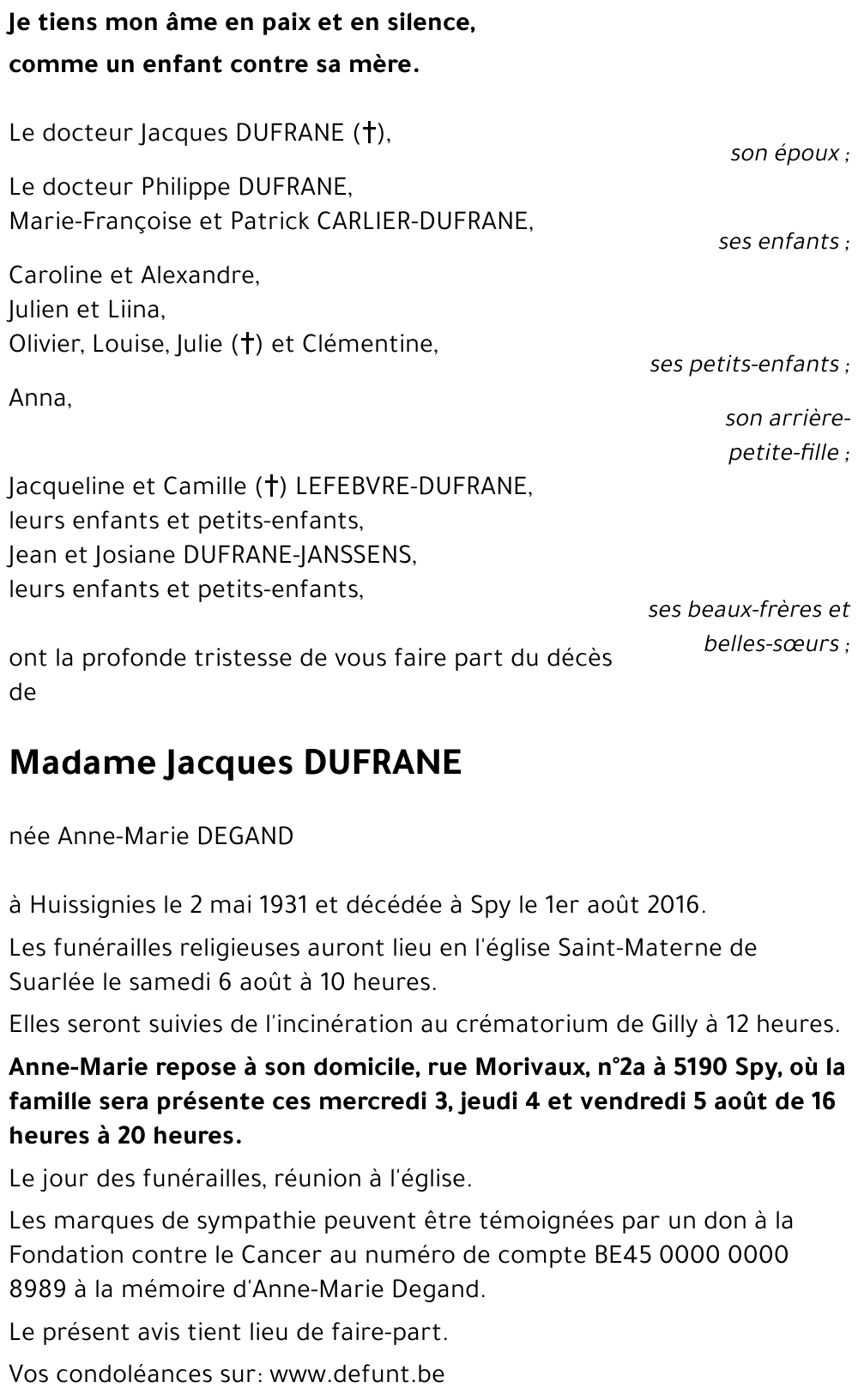 Jacques DUFRANE née Anne-Marie DEGAND