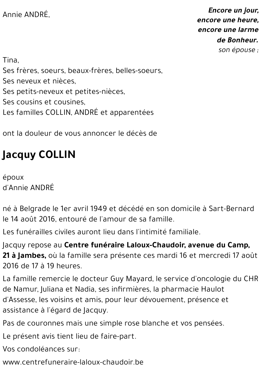 Avis de décès de Jacquy COLLIN décédé le 14/08/2016 à Sart-Bernard ...