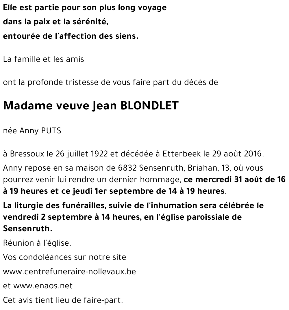 veuve Jean BLONDLET née Anny PUTS