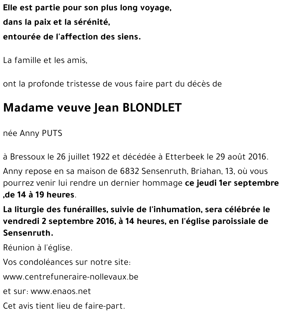 veuve Jean BLONDLET née Anny PUTS