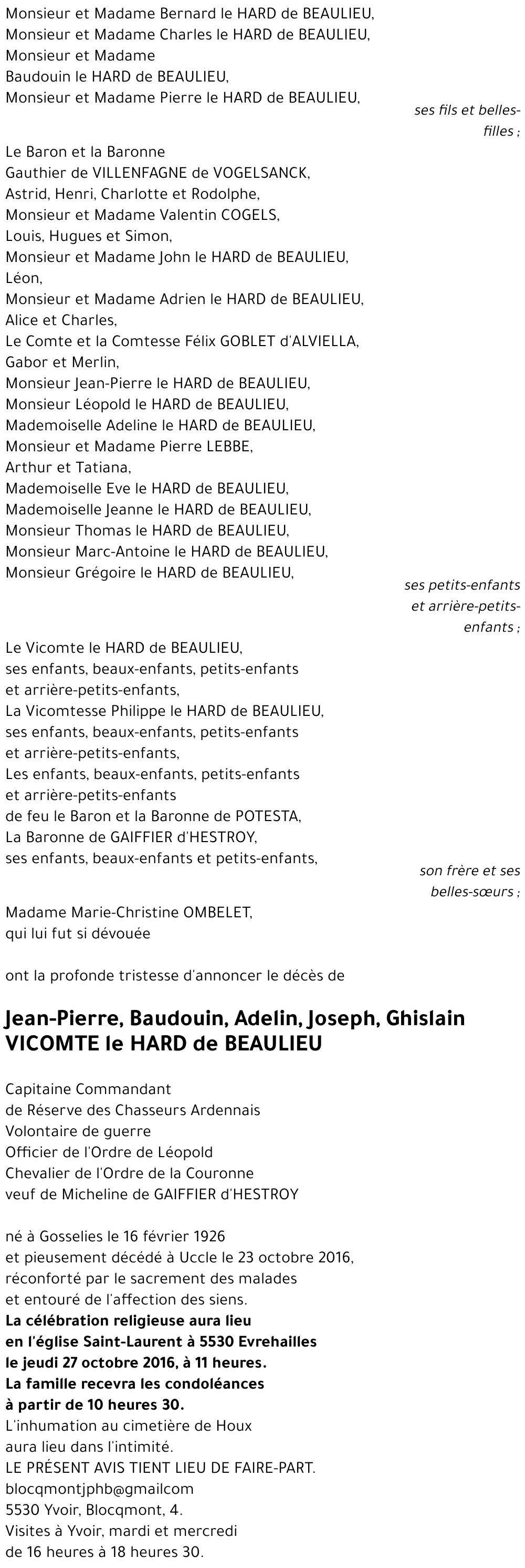 Jean-Pierre, Baudouin, Adelin, Joseph, Ghislain le HARD?Y de BEAULIEU