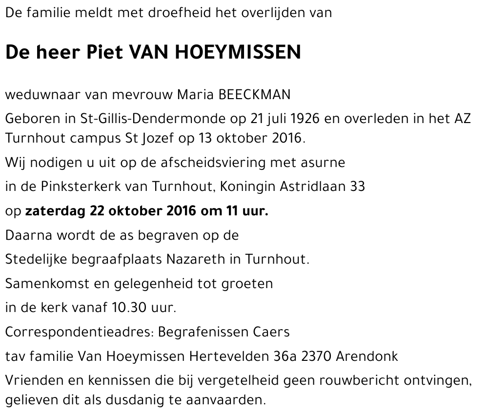 Piet VAN HOEYMISSEN