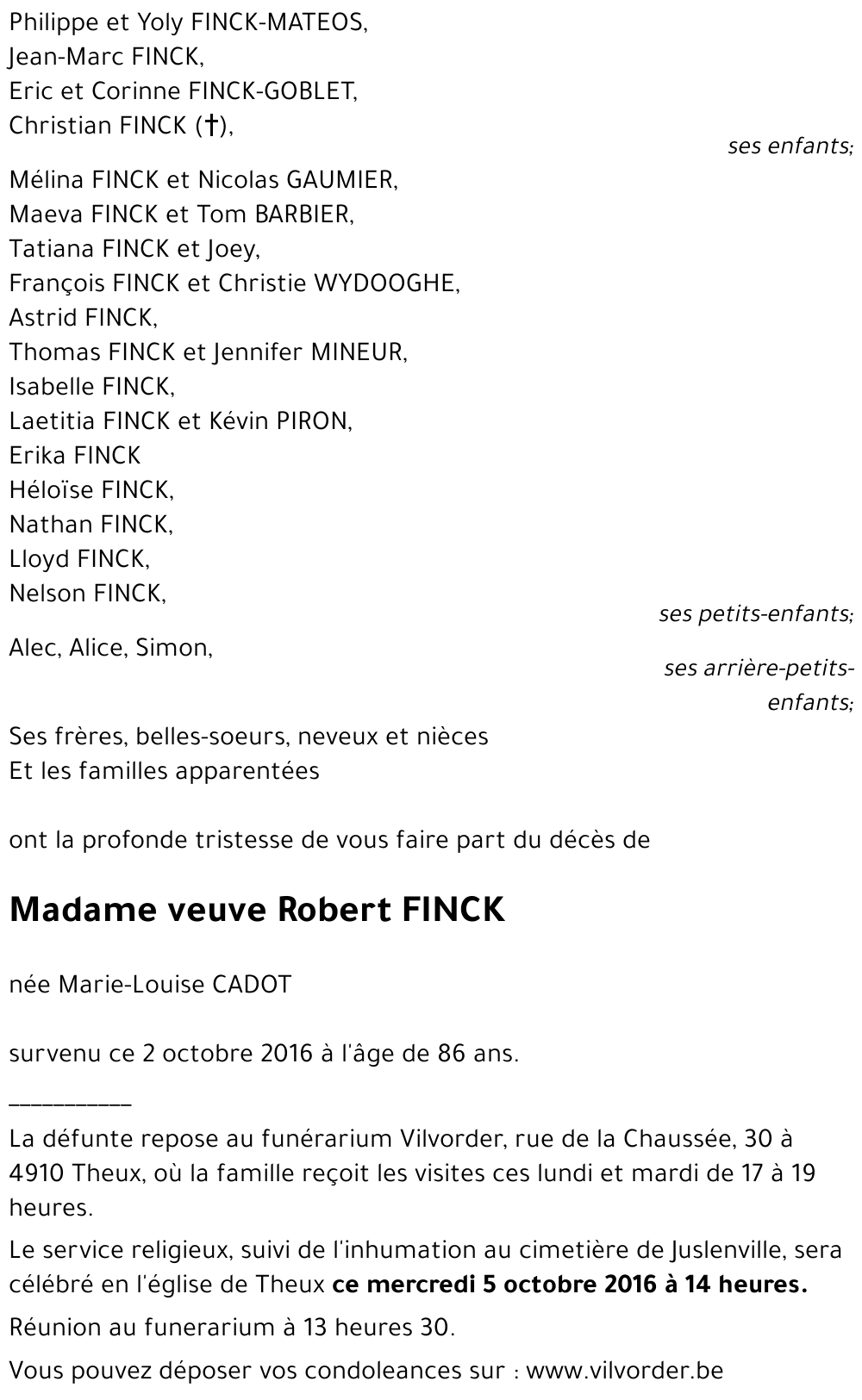 veuve Robert FINCK