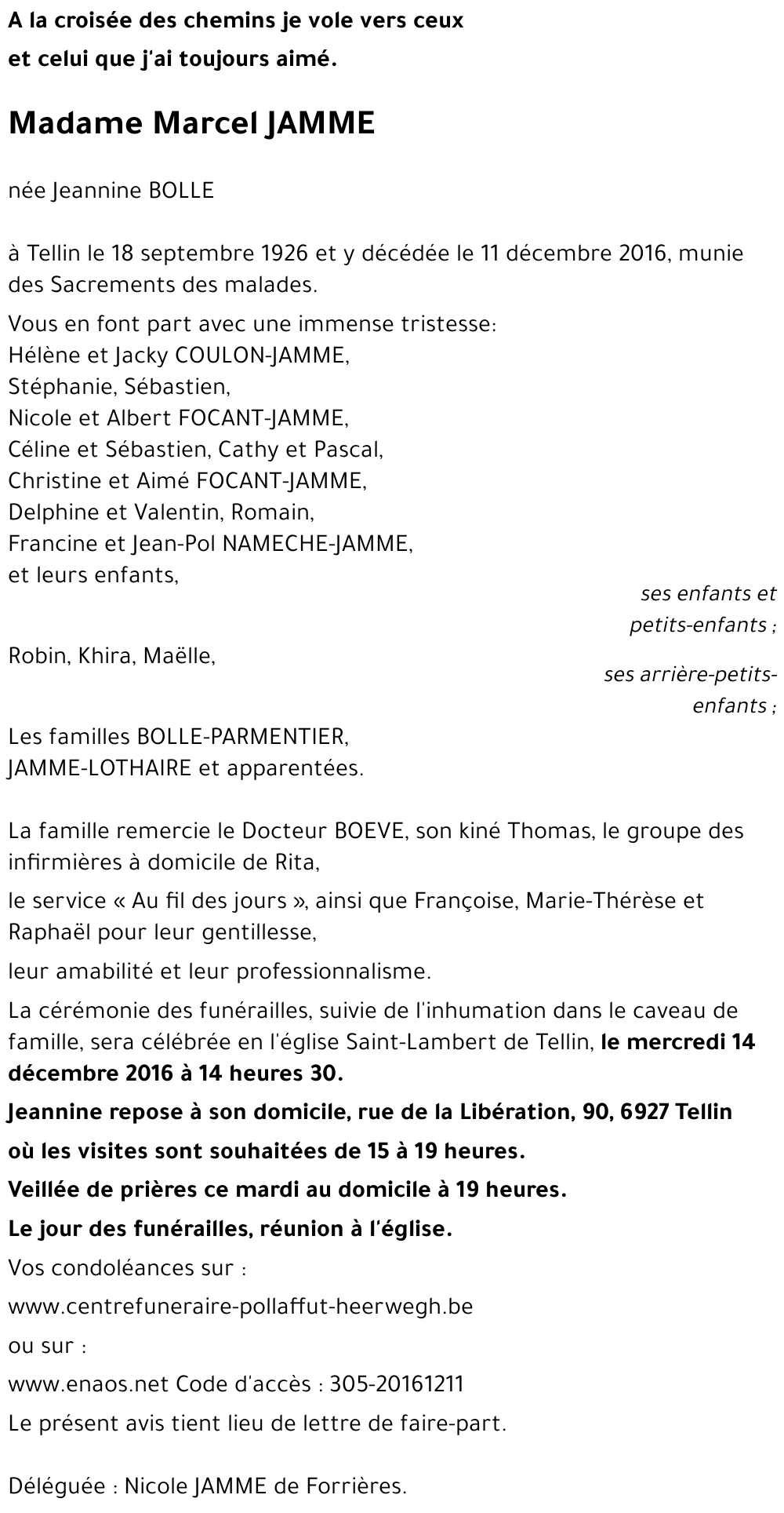 Avis de décès de Jeannine BOLLE décédé le 11/12/2016 à Tellin : annonce ...