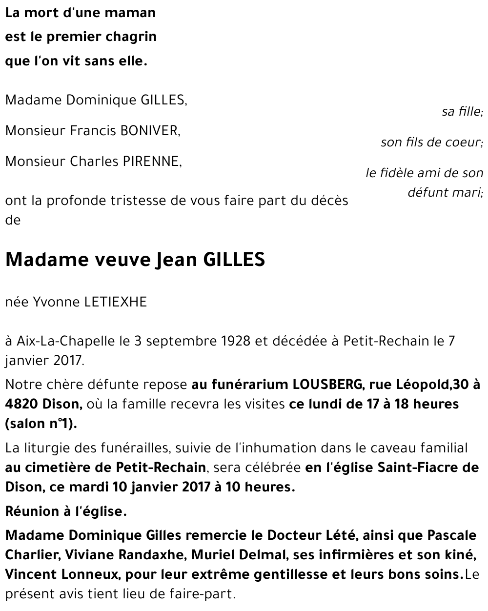 veuve Jean GILLES