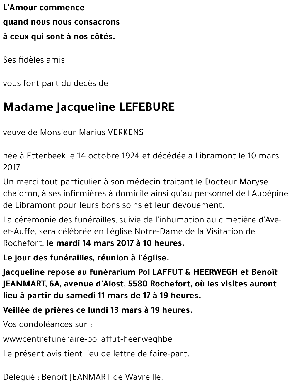 Avis De Décès De Jacqueline LEFEBURE Décédé Le 10/03/2017 à Libramont ...