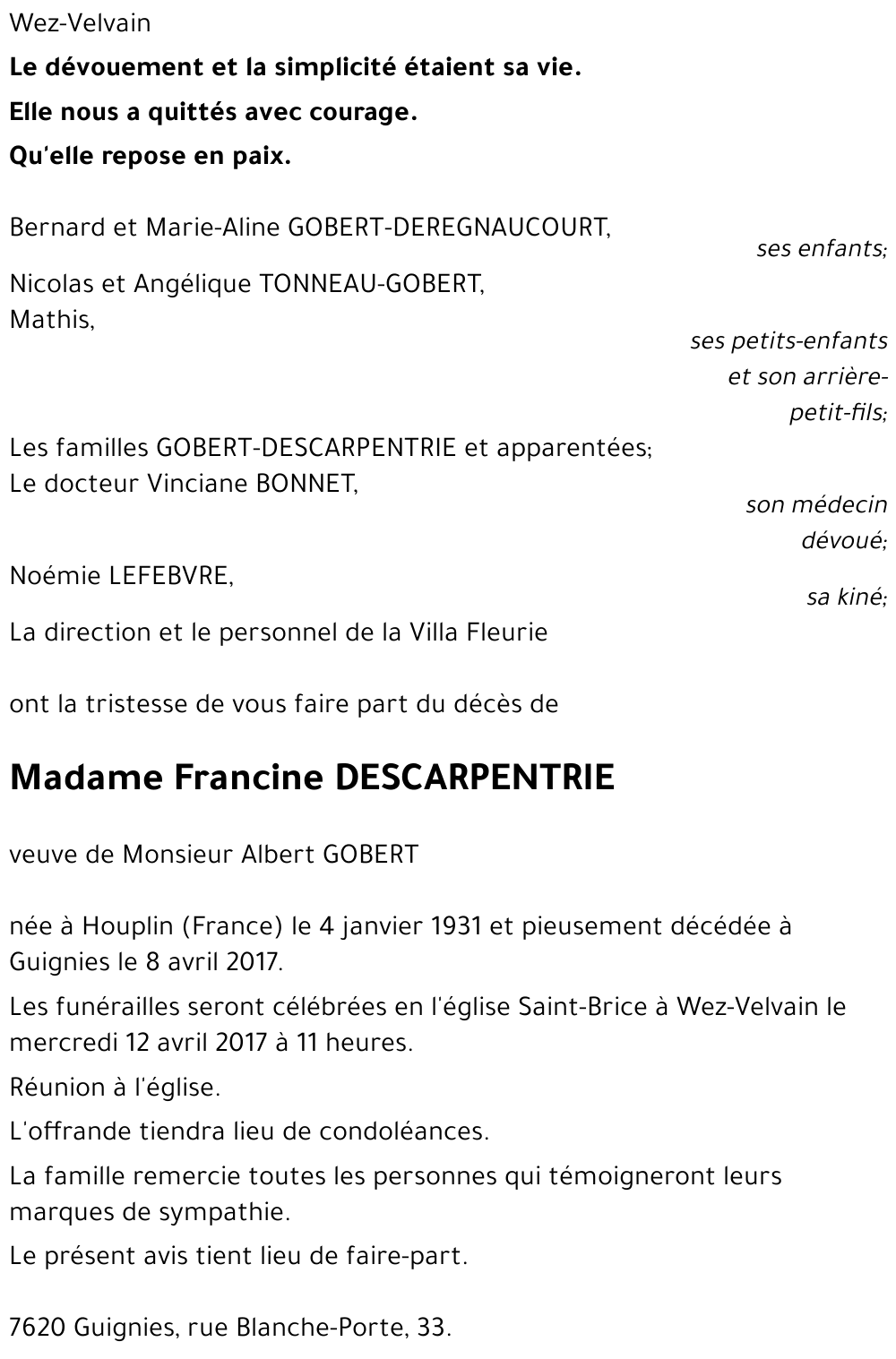 Francine DESCARPENTRIE