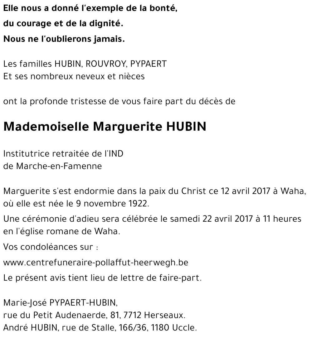 Avis De Décès De Marguerite Hubin Décédé Le 12 04 2017 à Waha Annonce