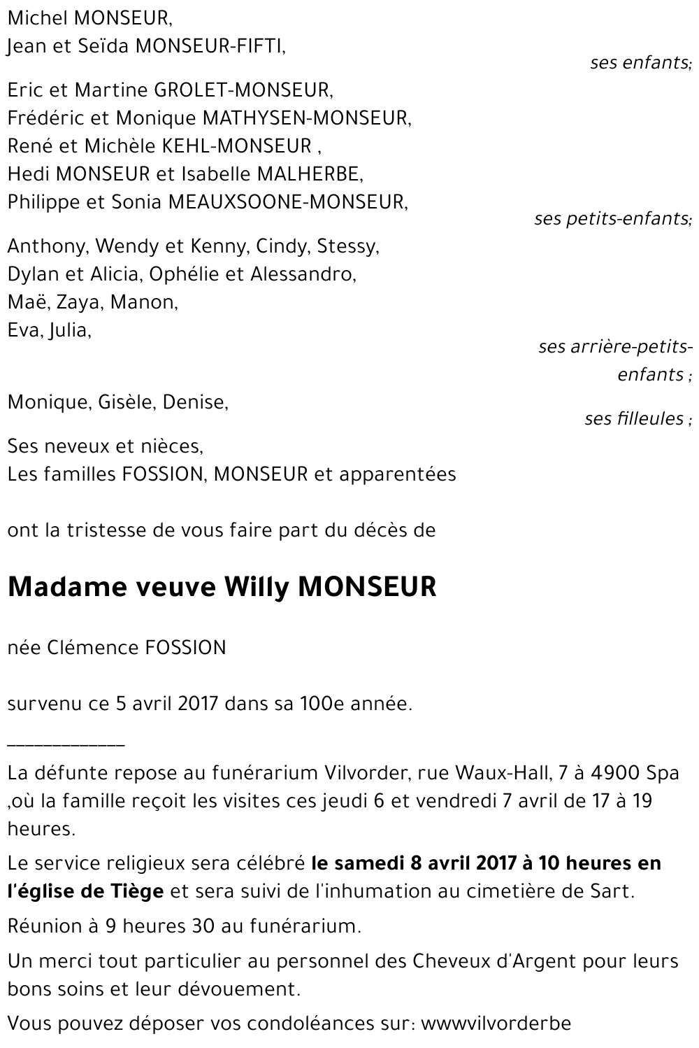 veuve Willy MONSEUR