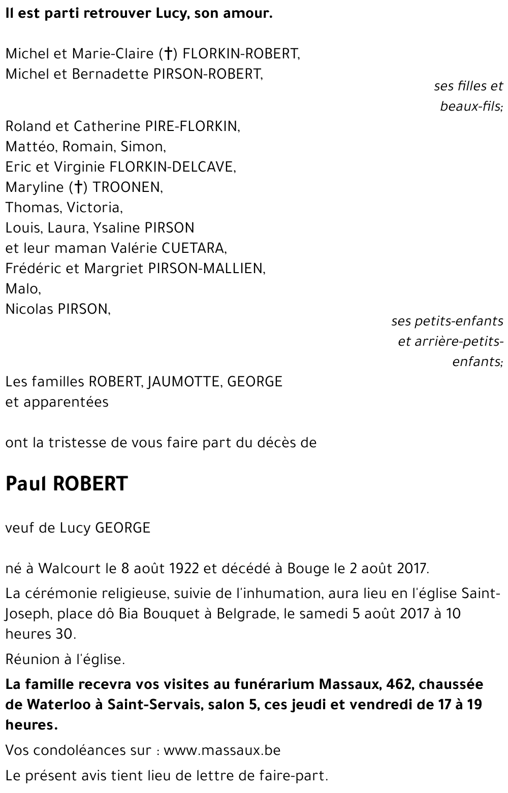 Avis de décès de Paul ROBERT décédé le 02/08/2017 à Bouge : annonce ...