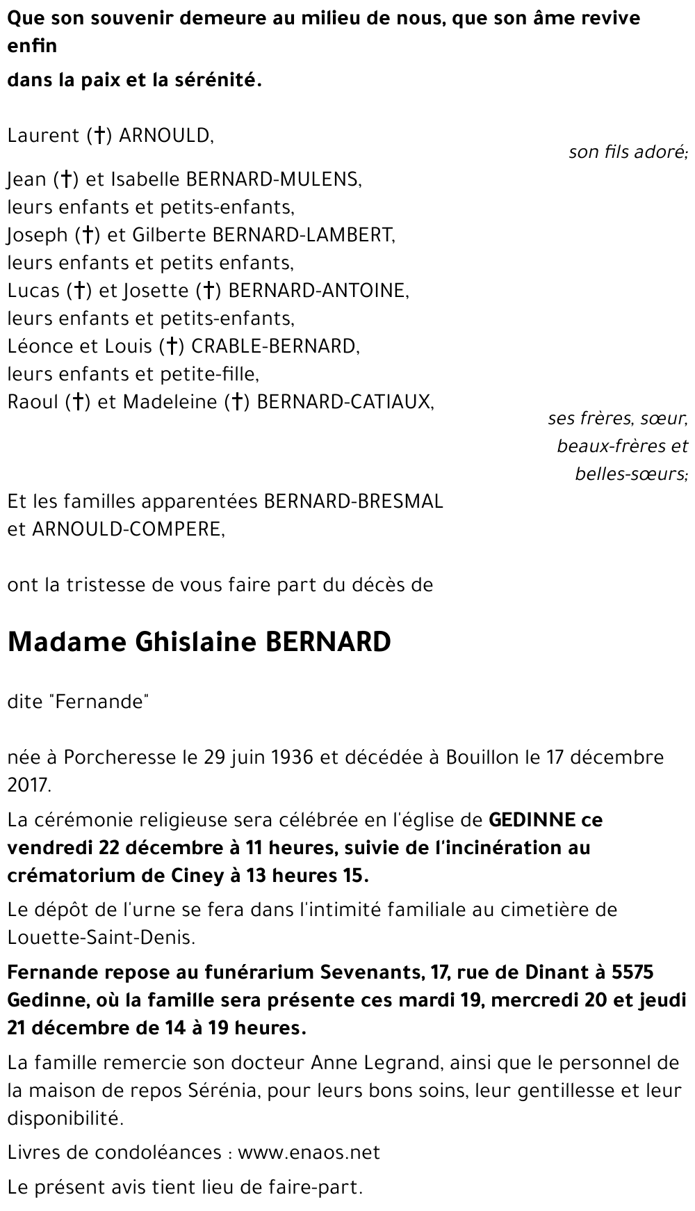 Ghislaine (dite Fernande) BERNARD