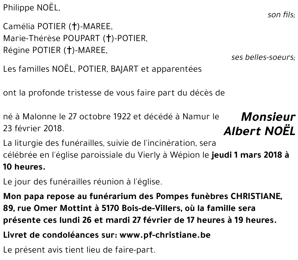 Avis de décès de Albert NOËL décédé le 23/02/2018 à Namur annonce