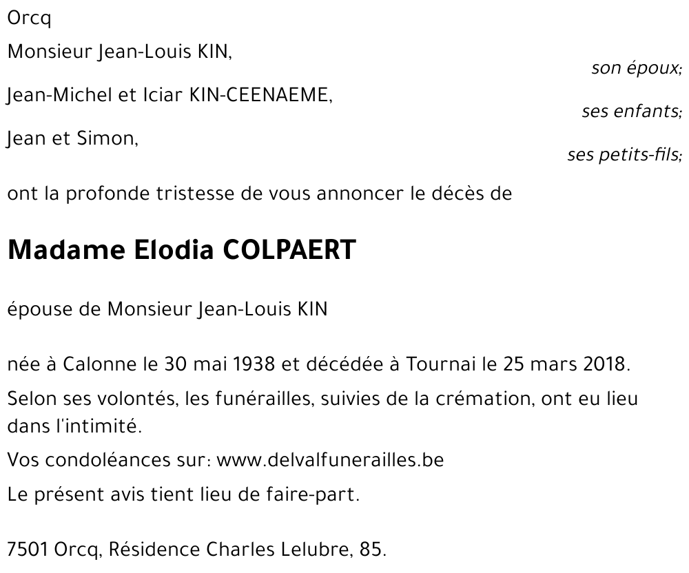 Avis de décès de Elodia COLPAERT décédé le 25/03/2018 à Tournai ...