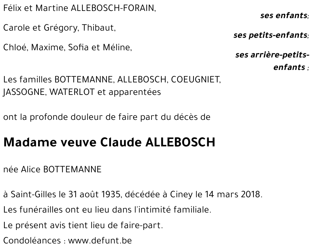 veuve Claude ALLEBOSCH