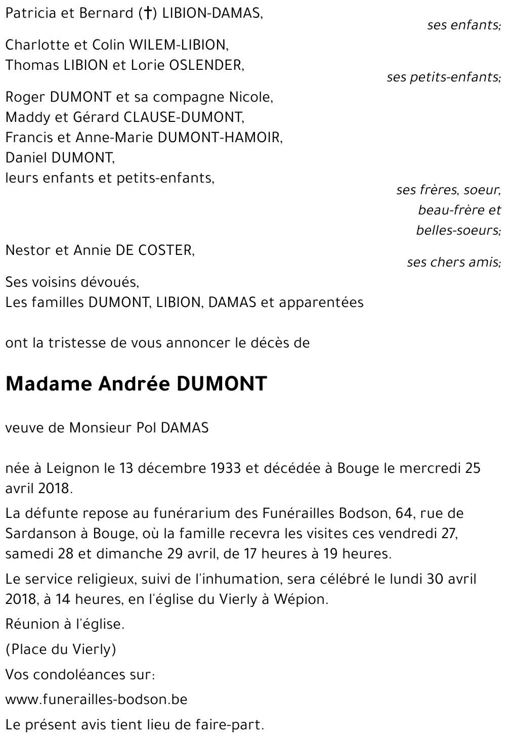 Avis de décès de Andrée DUMONT décédé le 25/04/2018 à Bouge : annonce ...