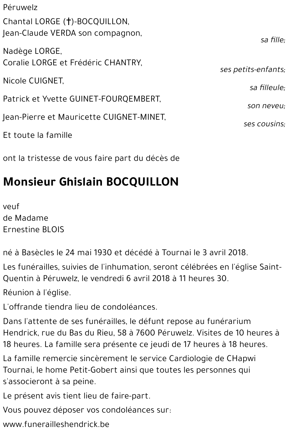 Avis de décès de BOCQUILLON Ghislain décédé le 03042018 à Tournai :  annonce, condoléances, fleurs, etc. - LAvenir - Necrologies