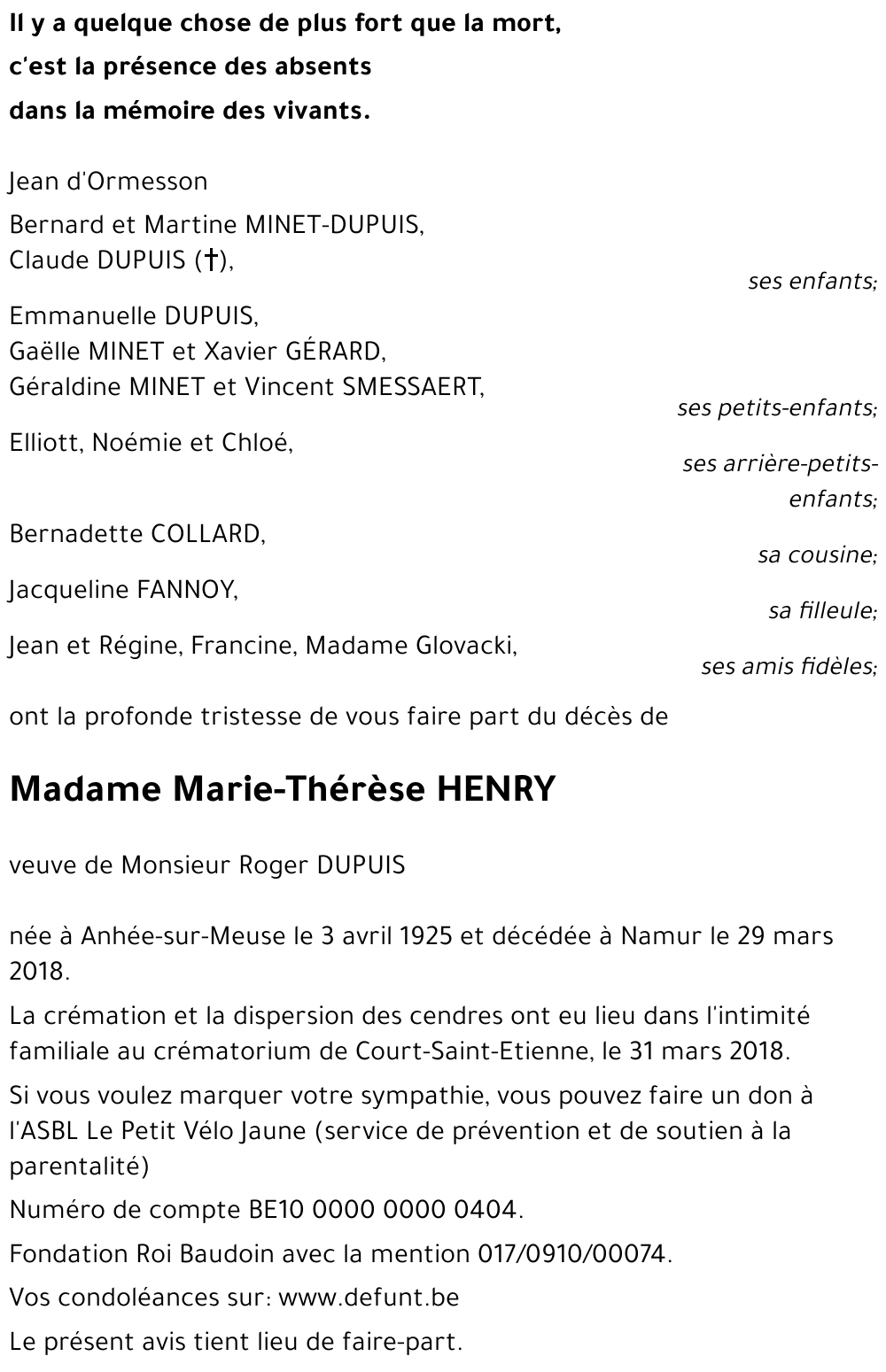 Avis de décès de Marie-Thérèse HENRY décédé le 29/03/2018 à Namur ...