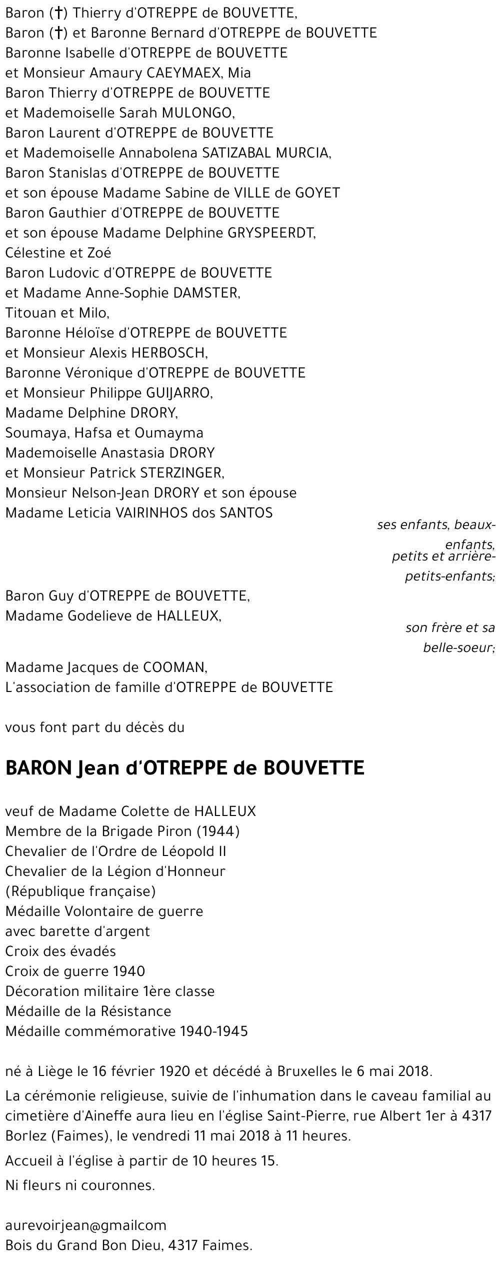 Jean d'OTREPPE de BOUVETTE