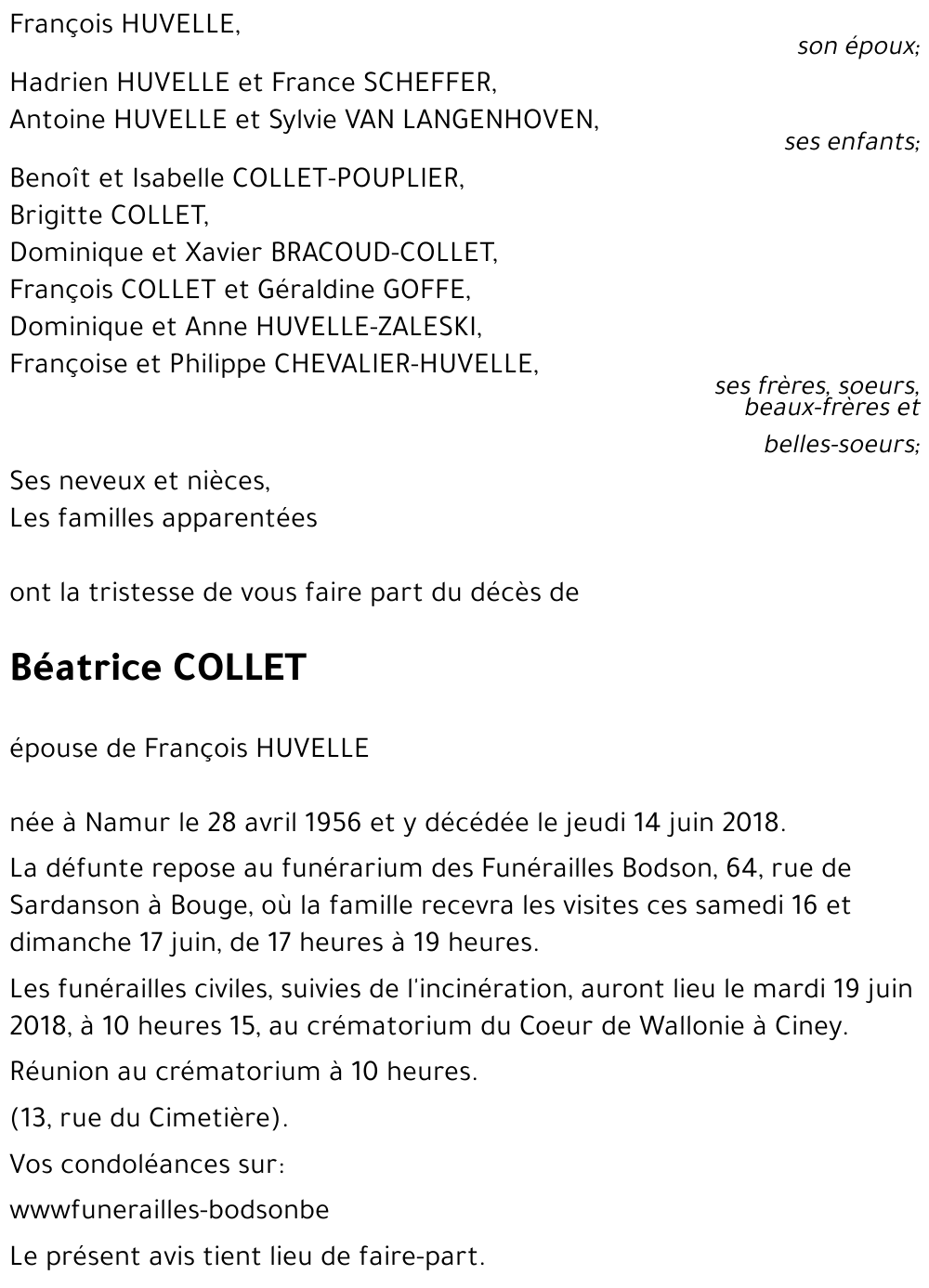 Avis de d c s de B atrice COLLET d c d le 14 06 2018 Namur