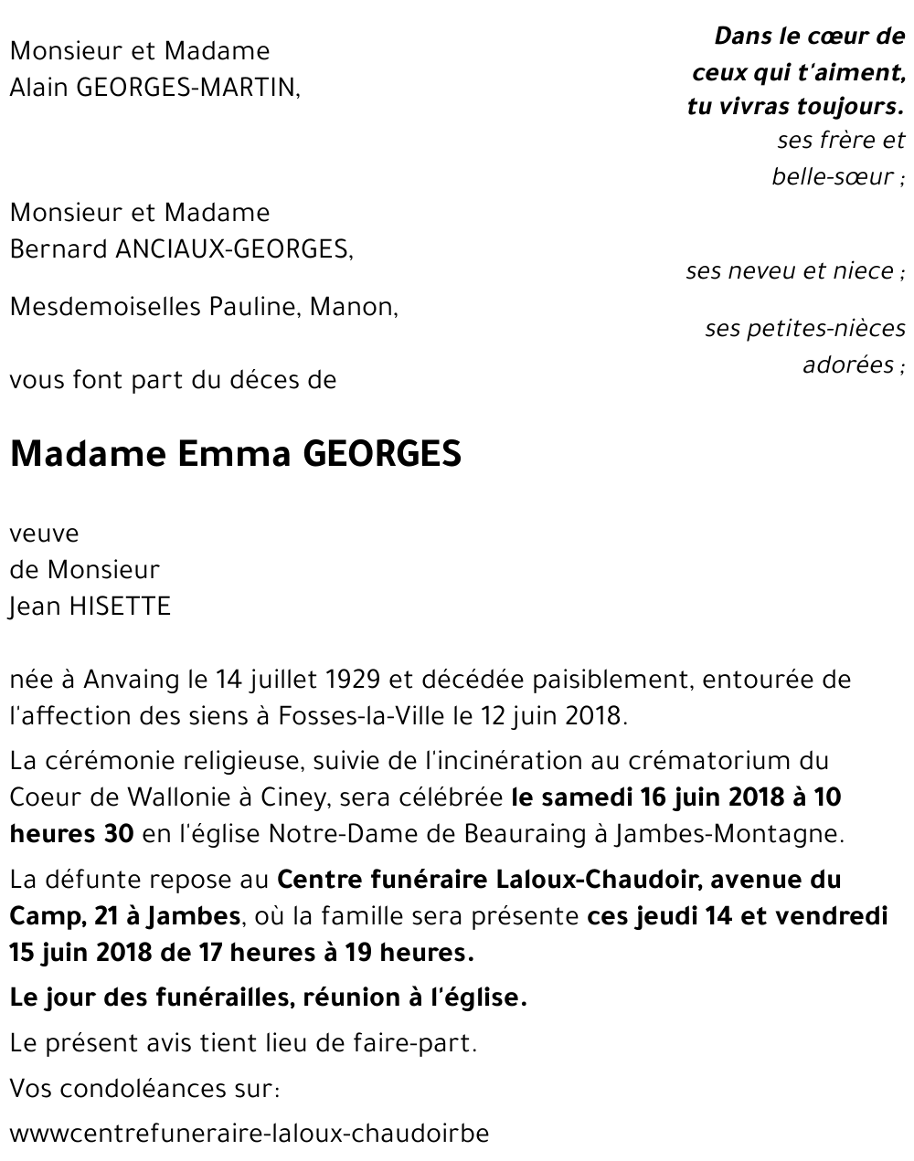 Avis de décès de Emma Georges décédé le 11/06/2018 à Fosses-La-Ville ...