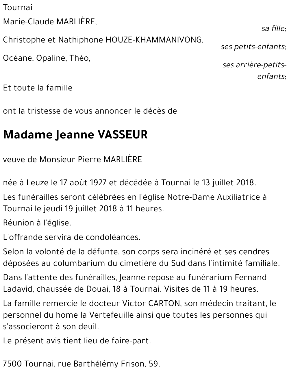 Avis De Décès De Jeanne Vasseur Décédé Le 13 07 2018 à Tournai 