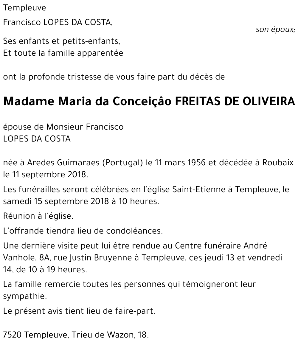 Maria da Conceiçâo FREITAS DE OLIVEIRA